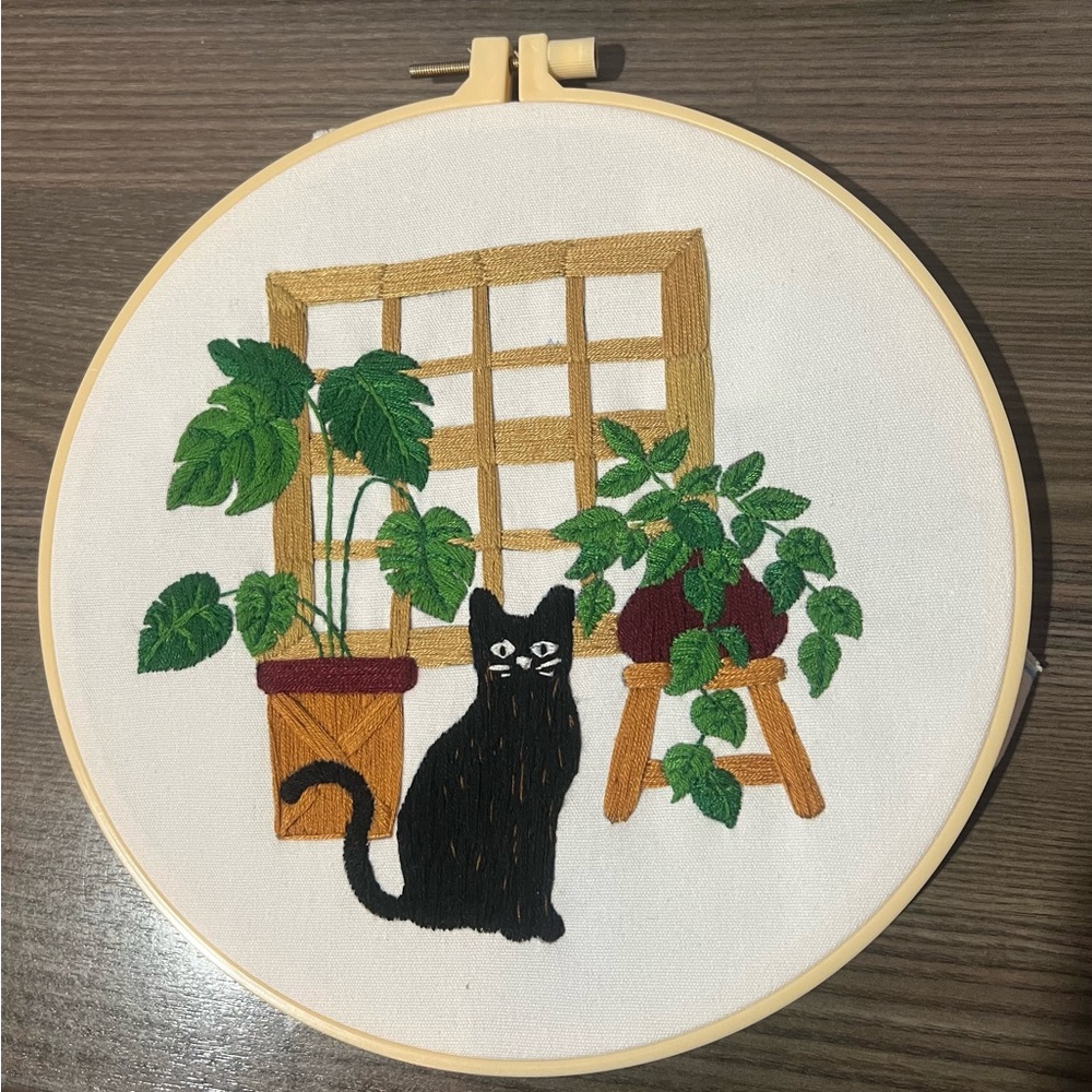 Embroidered Cat and Plants Wall Art